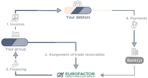 Map illustrating Eurofactor client intervention in more than 25 countries and several currencies.