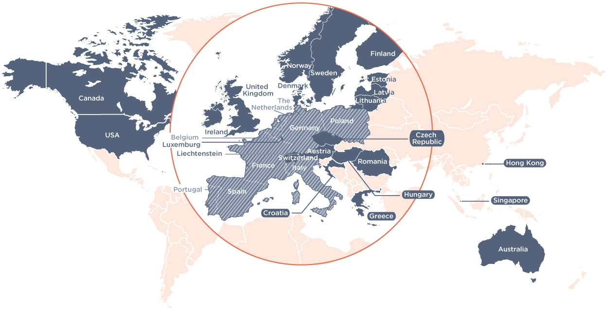 Map illustrating Eurofactor client intervention in more than 25 countries and several currencies.